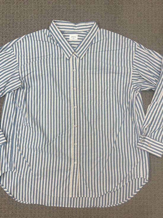 Wilfred Aritzia Button Up Shirt Medium Blue Stripped Cotton Poplin Relaxed Comfy - Picture 1 of 10
